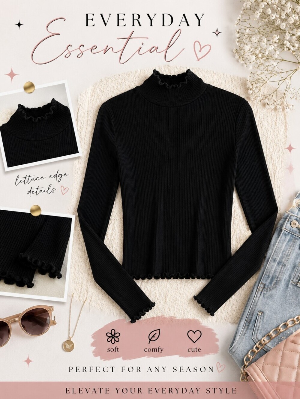 Turtleneck Sweater- Ribbed Material With Cute Ruffle Detail